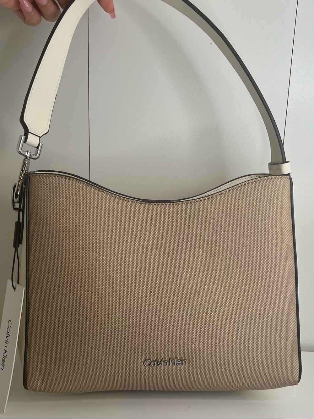 Calvin Klein Beige Canvas Shoulder Bag with White Strap